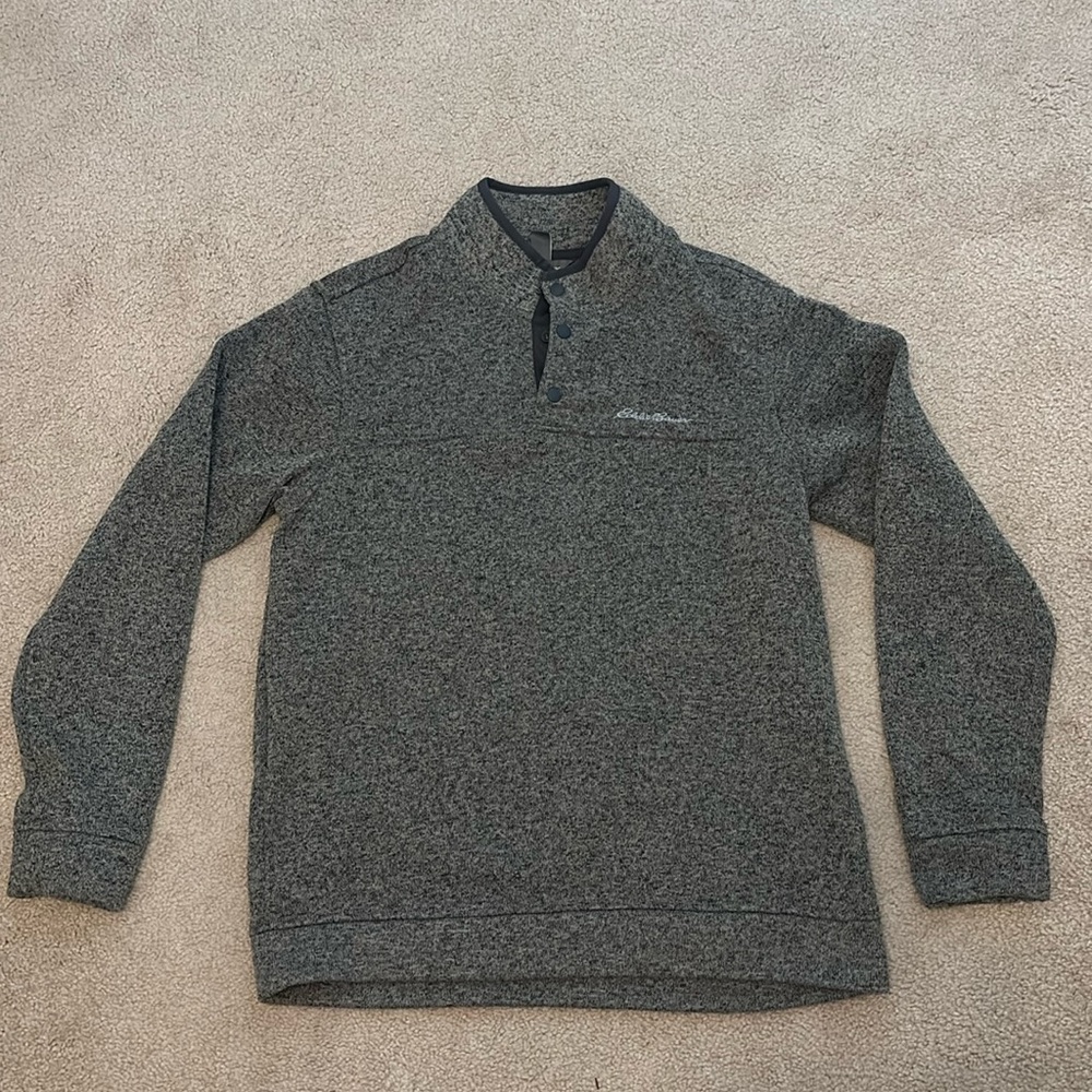 Eddie Bauer Pullover Sweater Knit Fleece Button Dark Heather Gray Mens